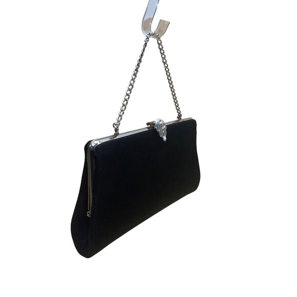Black Satin Chain Handle With Silver Rhinestone Leaf Closure Evening Clutch - Picture 2 of 8